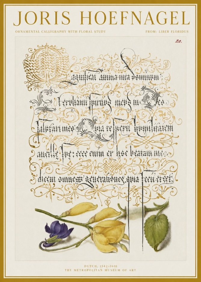 Joris Hoefnagel Ornamental Calligraphy with Floral Study No1 - Póster