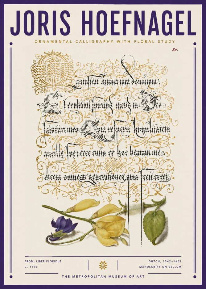 Joris Hoefnagel Ornamental Calligraphy with Floral Study No3 - Póster
