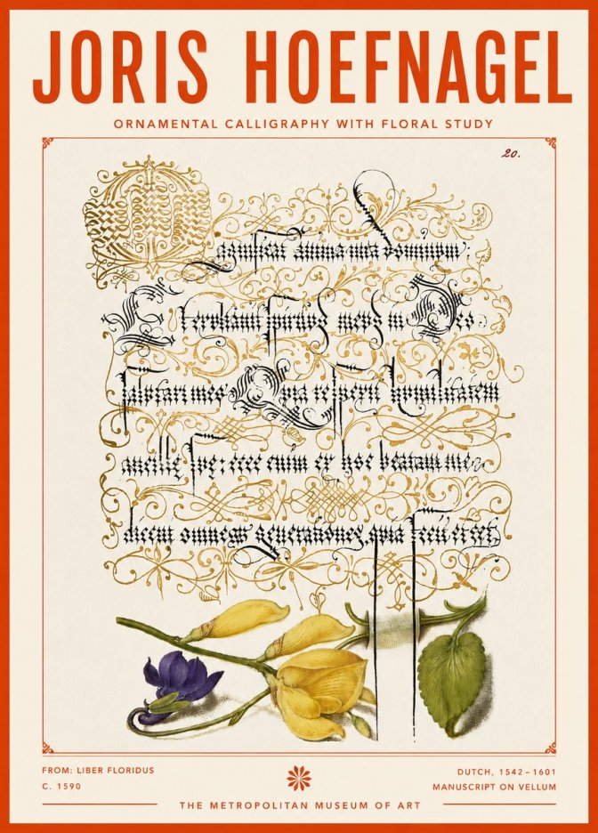 Joris Hoefnagel Ornamental Calligraphy with Floral Study No4 - Póster