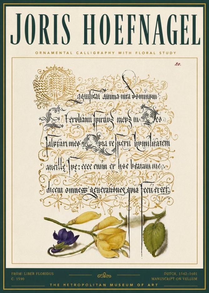 Joris Hoefnagel Ornamental Calligraphy with Floral Study No5 - Póster
