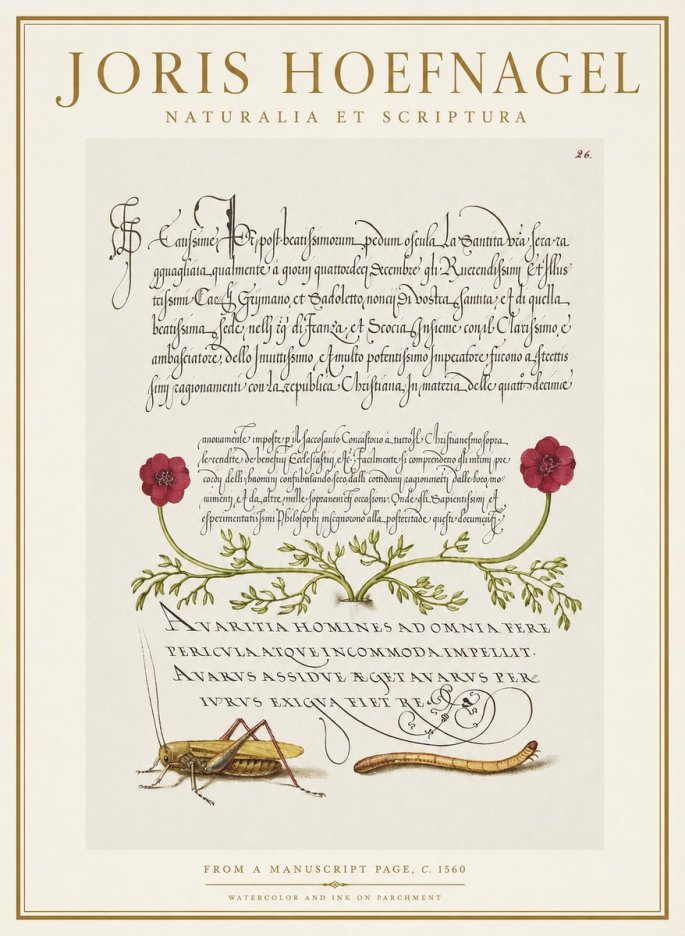 Joris Hoefnagel Illuminated Page with Flowers, Insects & Latin Script No2 - Póster