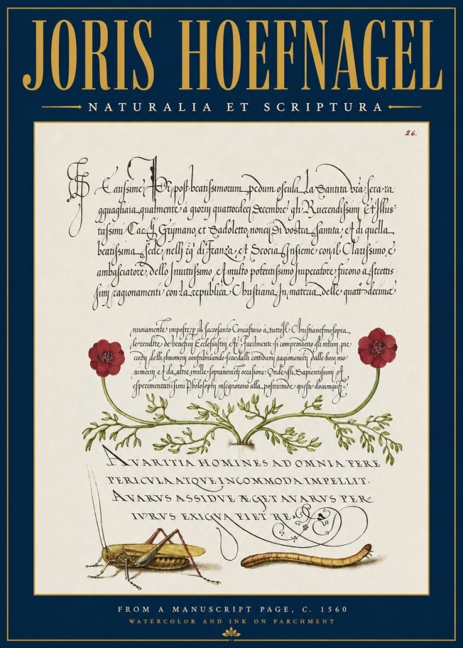 Joris Hoefnagel Illuminated Page with Flowers, Insects & Latin Script No4 - Póster