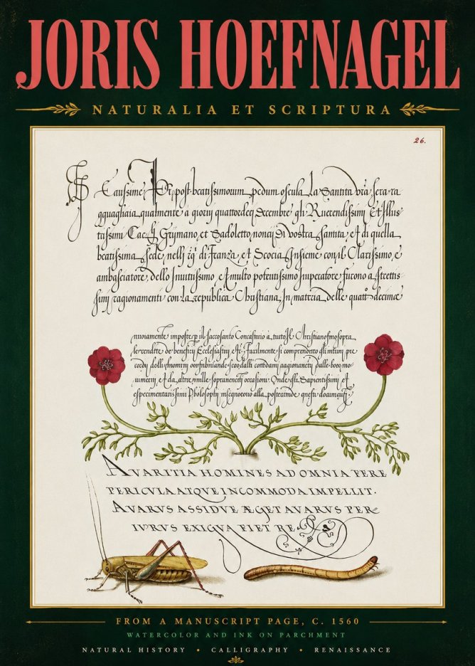 Joris Hoefnagel Illuminated Page with Flowers, Insects & Latin Script No5 - Póster