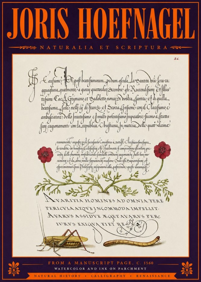 Joris Hoefnagel Illuminated Page with Flowers, Insects & Latin Script No6 - Póster