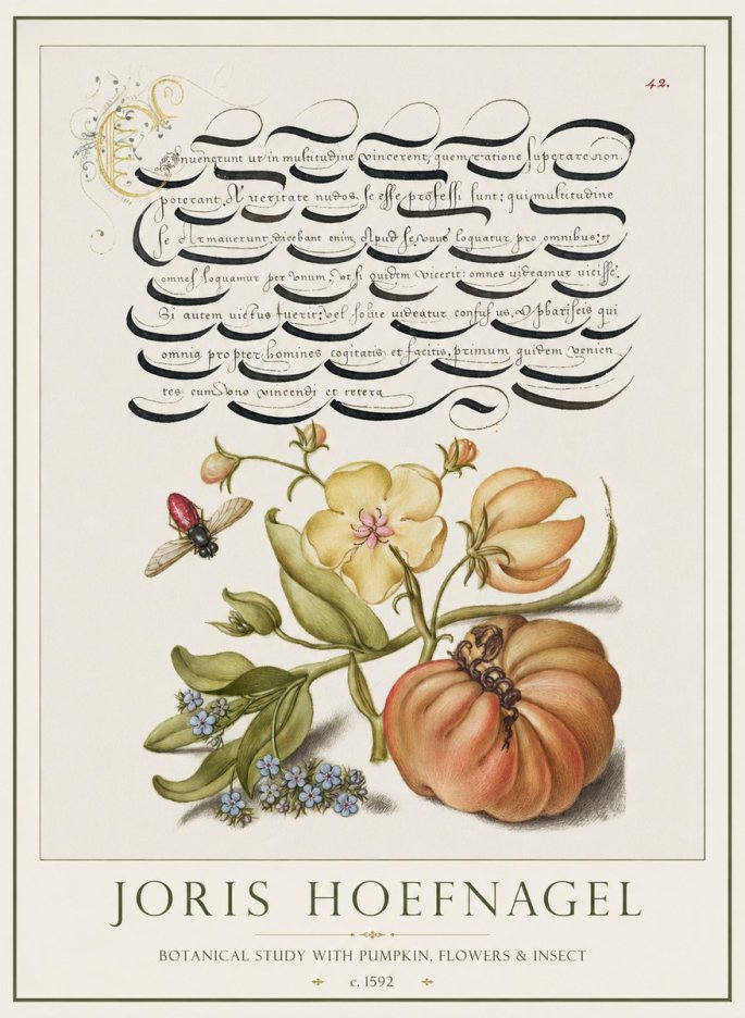 Joris Hoefnagel Botanical Study with Pumpkin, Flowers & Insect No1 - Póster