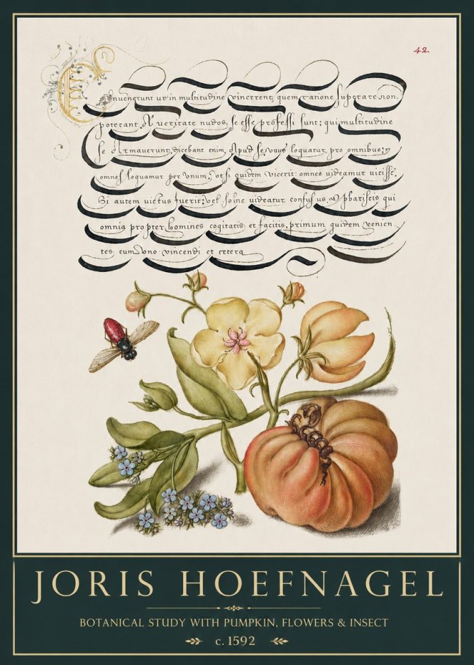 Joris Hoefnagel Botanical Study with Pumpkin, Flowers & Insect No3 - Póster