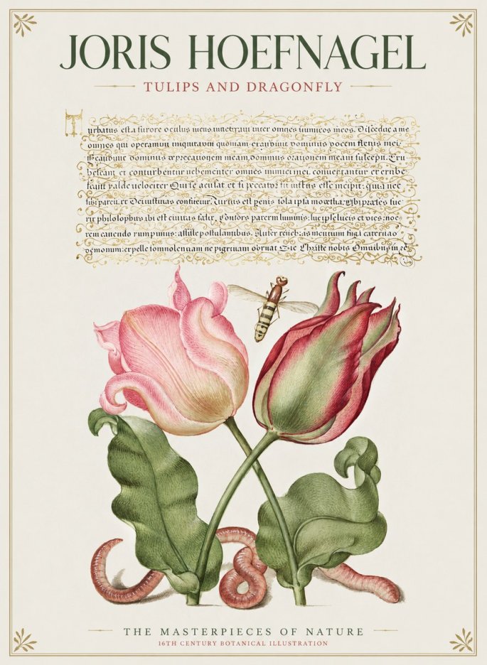 Joris Hoefnagel Two Tulips with Caterpillars and Dragonfly No2 - Póster