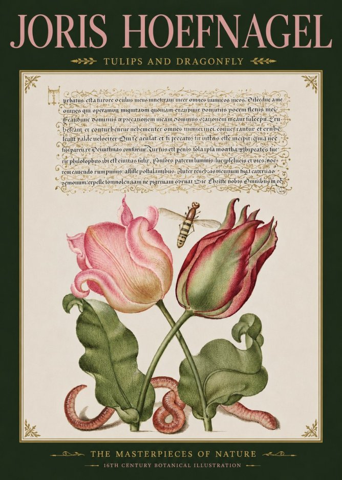 Joris Hoefnagel Two Tulips with Caterpillars and Dragonfly No5 - Póster