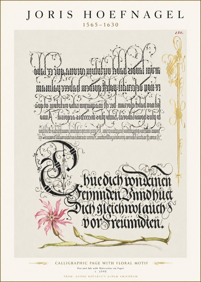 Joris Hoefnagel Calligraphy with Floral Ornament No3 - Póster