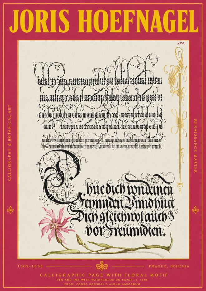 Joris Hoefnagel Calligraphy with Floral Ornament No4 - Póster