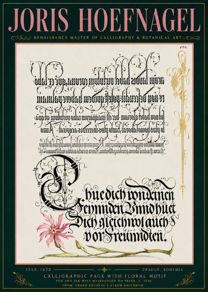 Joris Hoefnagel Calligraphy with Floral Ornament No6 - Póster