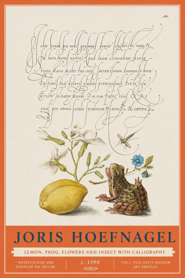 Joris Hoefnagel Nature Study with Lemon, Flowers, Frog & Insect No5 - Póster