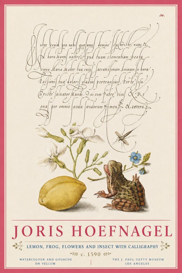 Joris Hoefnagel Nature Study with Lemon, Flowers, Frog & Insect No6 - Póster