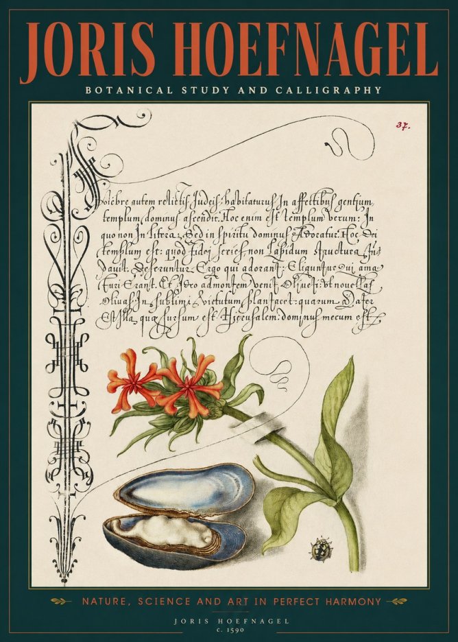 Joris Hoefnagel Botanical Study and Calligraphic Page No2 - Póster