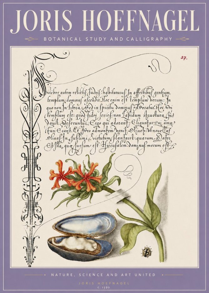 Joris Hoefnagel Botanical Study and Calligraphic Page No3 - Póster