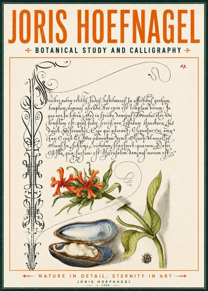 Joris Hoefnagel Botanical Study and Calligraphic Page No4 - Póster
