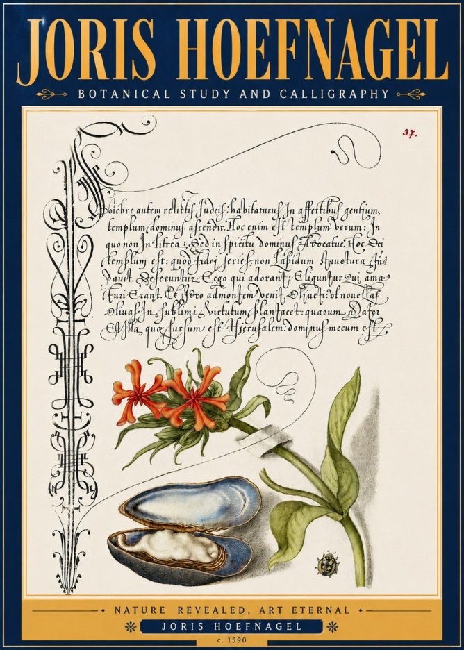 Joris Hoefnagel Botanical Study and Calligraphic Page No6 - Póster
