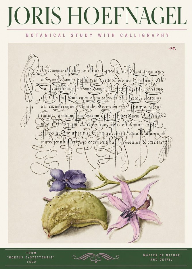 Joris Hoefnagel Botanical Study with Calligraphy I No3 - Póster