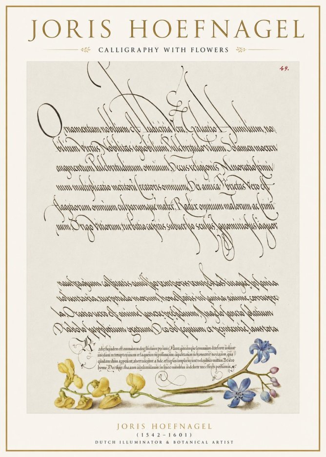 Joris Hoefnagel Calligraphy with Flowers No1 - Póster