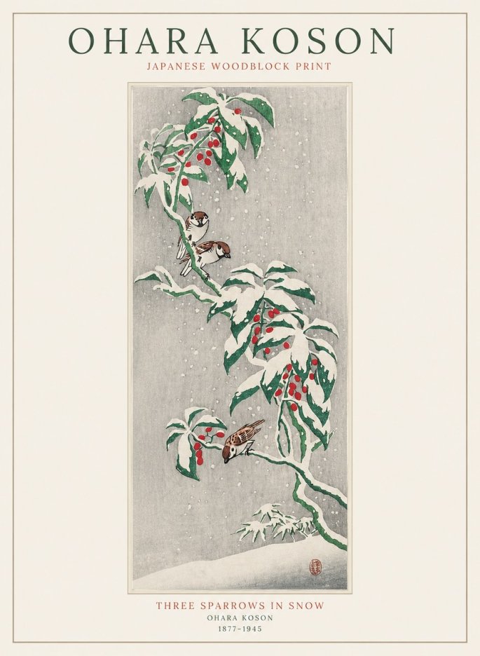 Ohara Koson Three Sparrows in Snow No1 - Póster