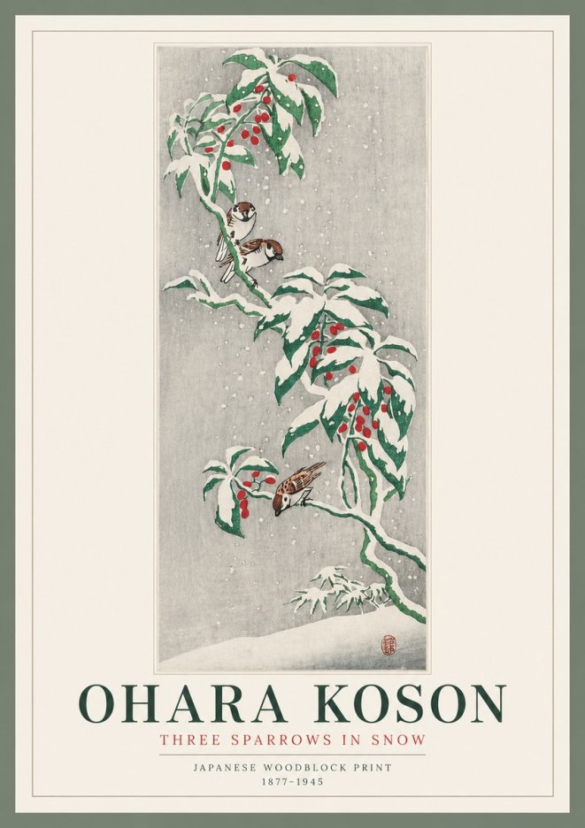 Ohara Koson Three Sparrows in Snow No2 - Póster