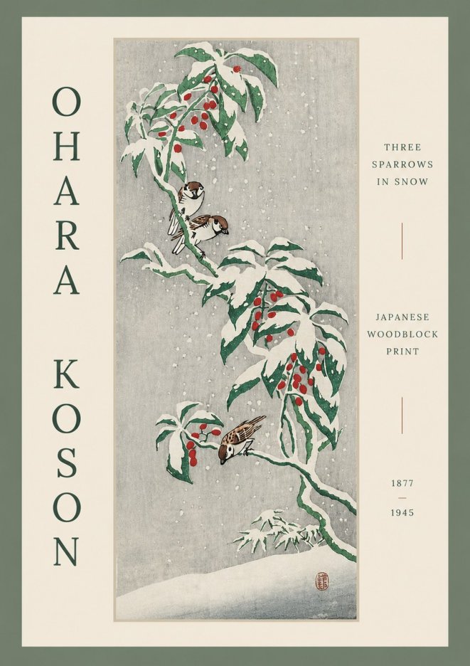 Ohara Koson Three Sparrows in Snow No3 - Póster