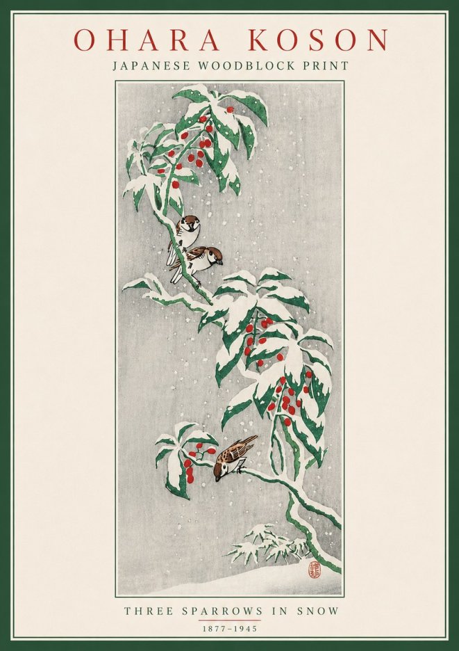 Ohara Koson Three Sparrows in Snow No5 - Póster