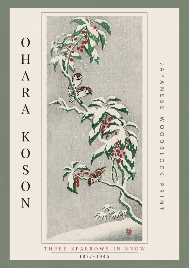 Ohara Koson Three Sparrows in Snow No6 - Póster