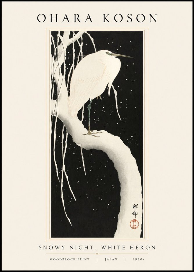Ohara Koson Snowy Night, White Heron No1 - Póster