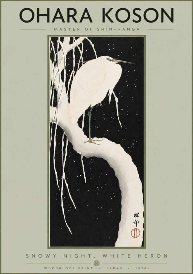 Ohara Koson Snowy Night, White Heron No2 - Póster