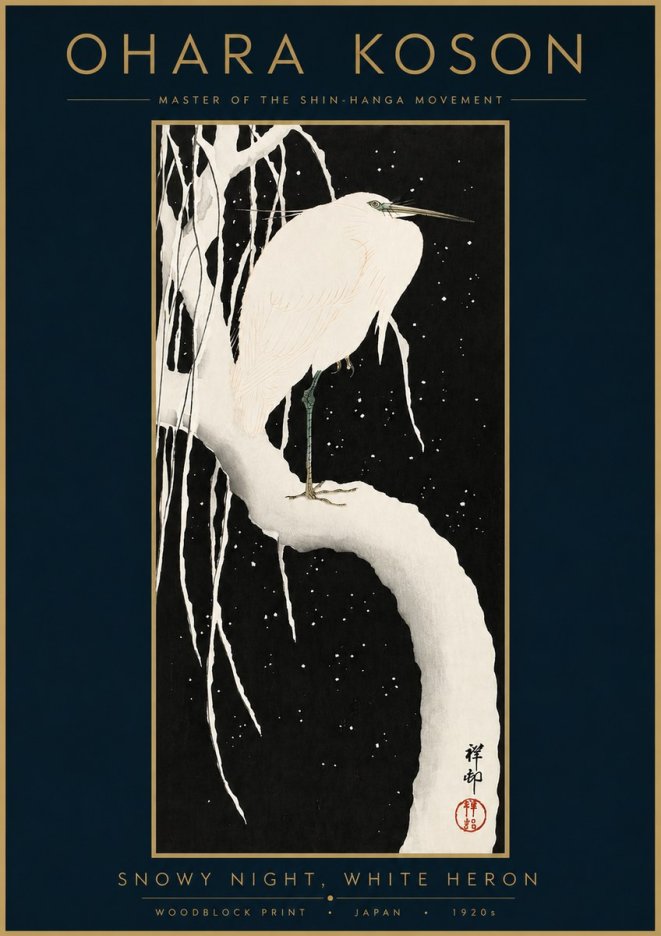 Ohara Koson Snowy Night, White Heron No3 - Póster
