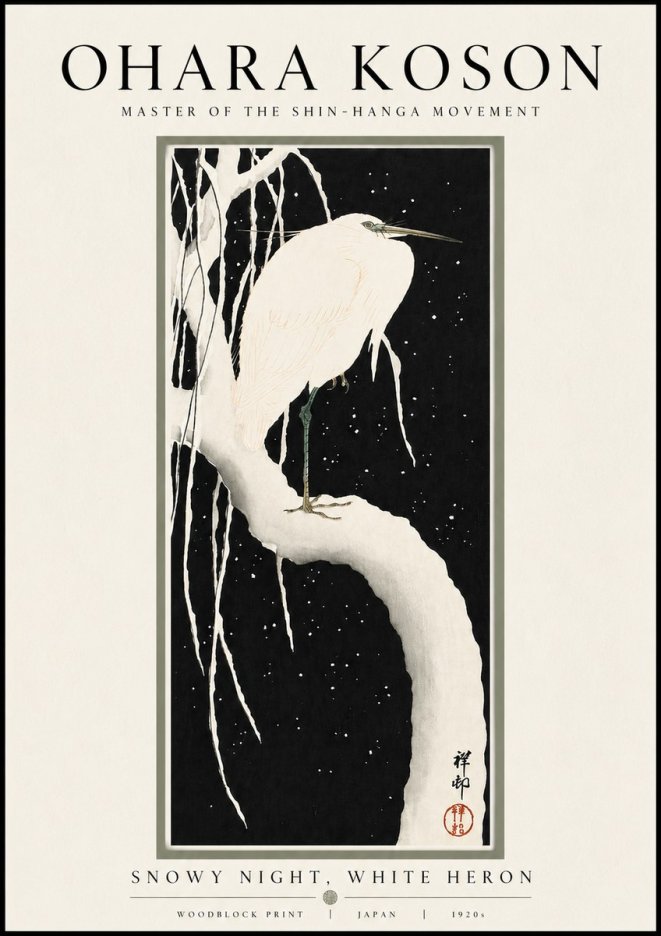 Ohara Koson Snowy Night, White Heron No4 - Póster