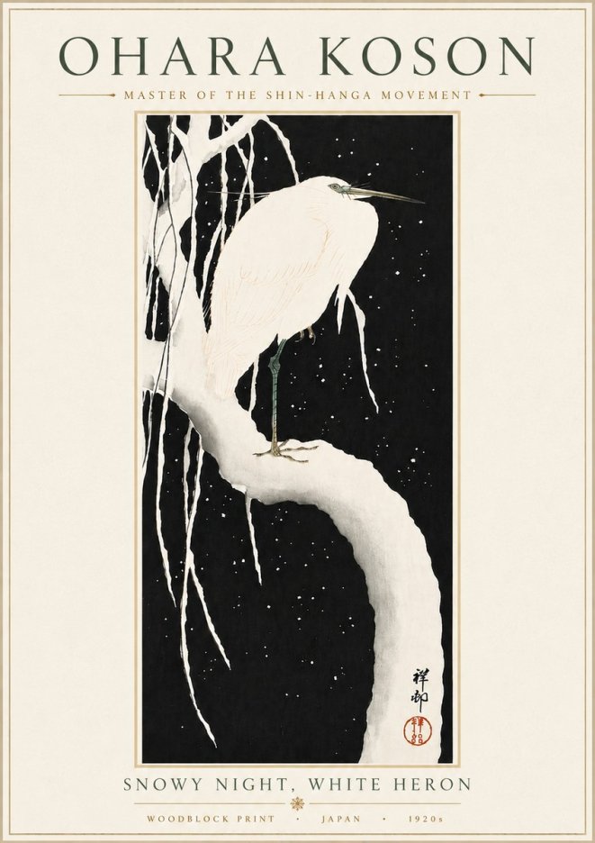 Ohara Koson Snowy Night, White Heron No6 - Póster