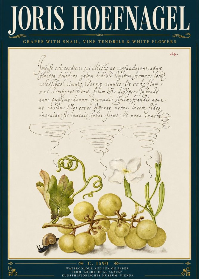 Joris Hoefnagel Grapes with Snail, Vine Tendrils & White Flowers No5 - Póster