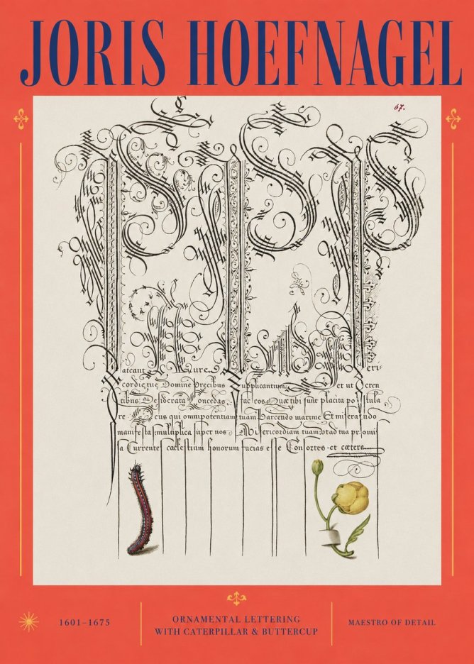 Joris Hoefnagel Ornamental Calligraphy with Caterpillar and Buttercup No3 - Póster
