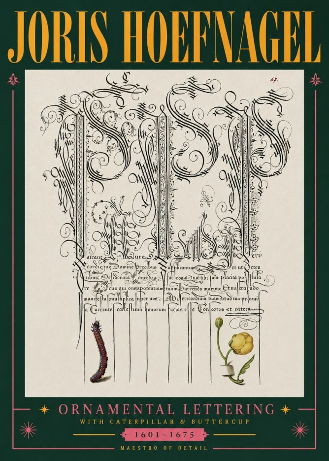 Joris Hoefnagel Ornamental Calligraphy with Caterpillar and Buttercup No5 - Póster