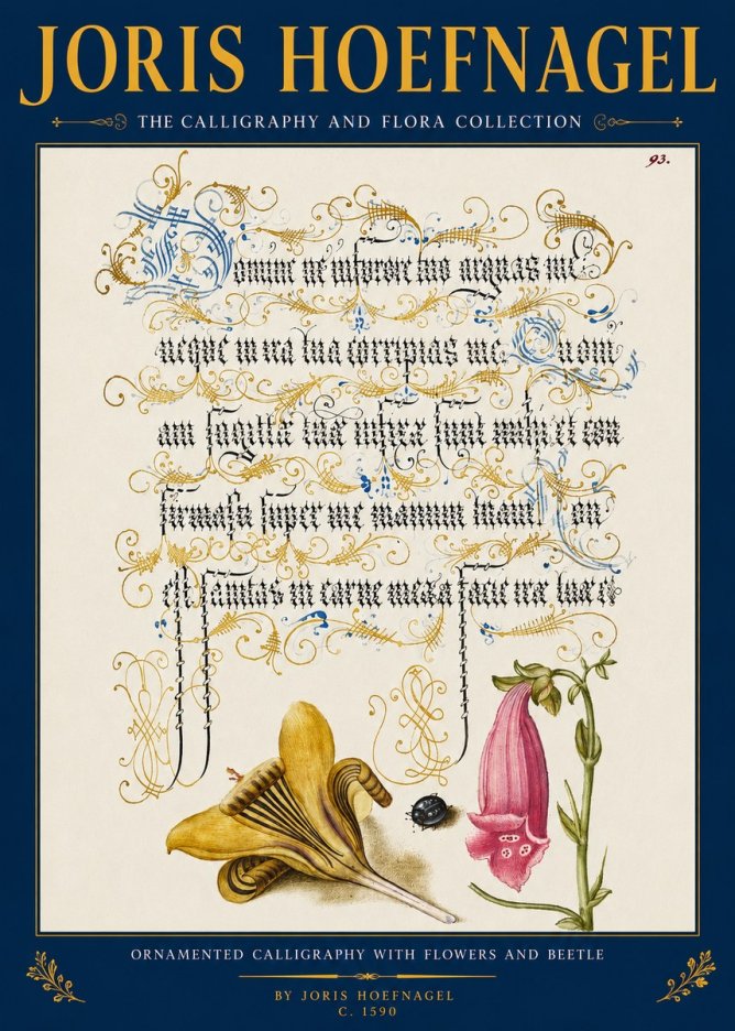 Joris Hoefnagel Ornamented Calligraphy with Flowers and Beetle No2 - Póster