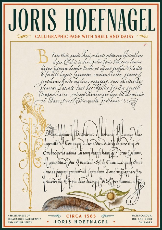 Joris Hoefnagel Calligraphic Page with Shell and Daisy No6 - Póster