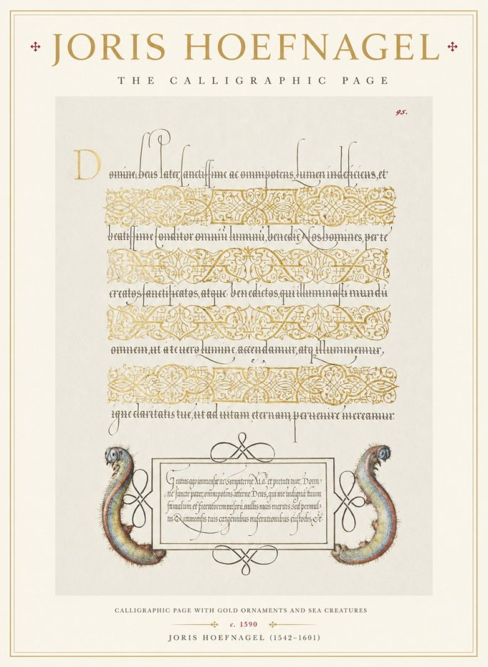 Joris Hoefnagel Calligraphic Page with Gold Ornaments and Sea Creatures No1 - Póster