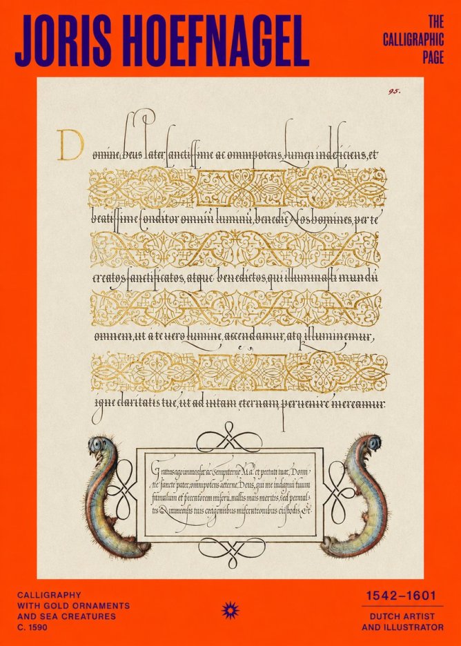Joris Hoefnagel Calligraphic Page with Gold Ornaments and Sea Creatures No2 - Póster