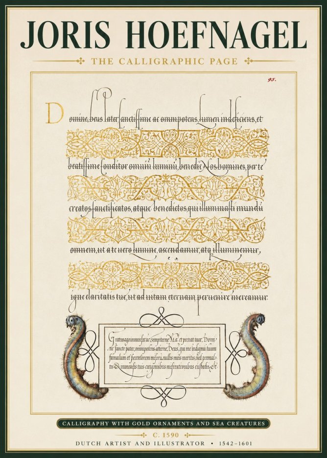 Joris Hoefnagel Calligraphic Page with Gold Ornaments and Sea Creatures No3 - Póster