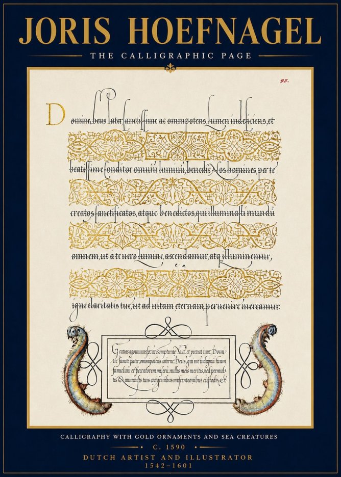 Joris Hoefnagel Calligraphic Page with Gold Ornaments and Sea Creatures No4 - Póster