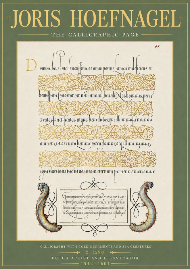 Joris Hoefnagel Calligraphic Page with Gold Ornaments and Sea Creatures No5 - Póster