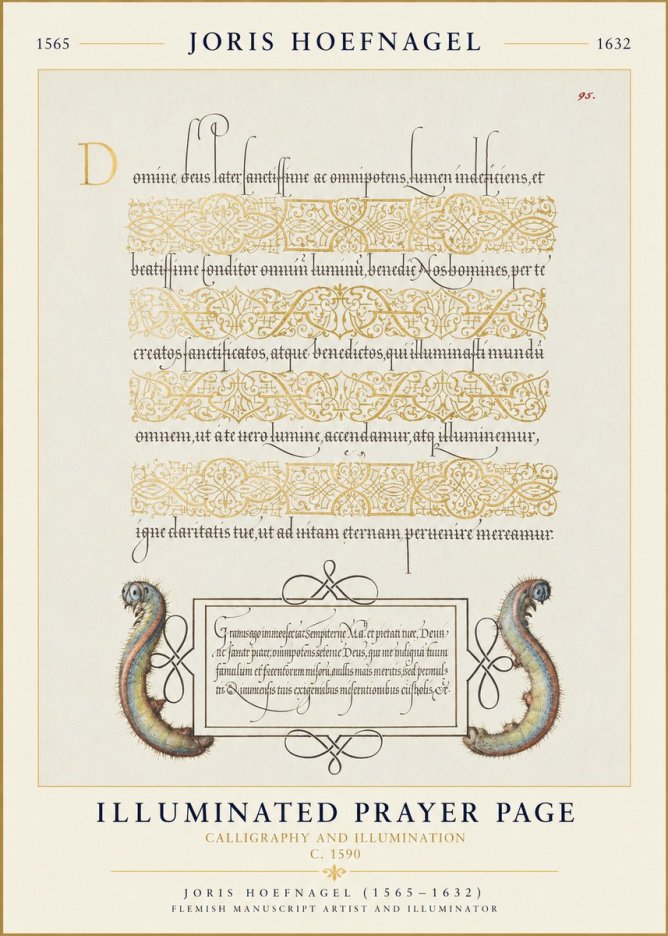 Joris Hoefnagel Calligraphic Page with Gold Ornaments and Sea Creatures No6 - Póster