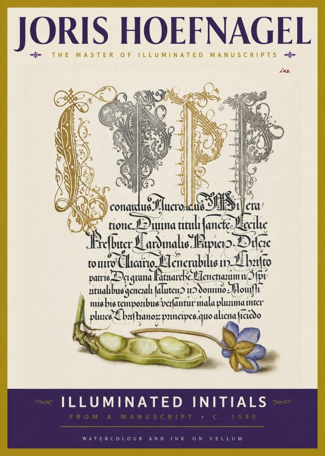 Joris Hoefnagel Illuminated Initials with Peapod and Flower No3 - Póster