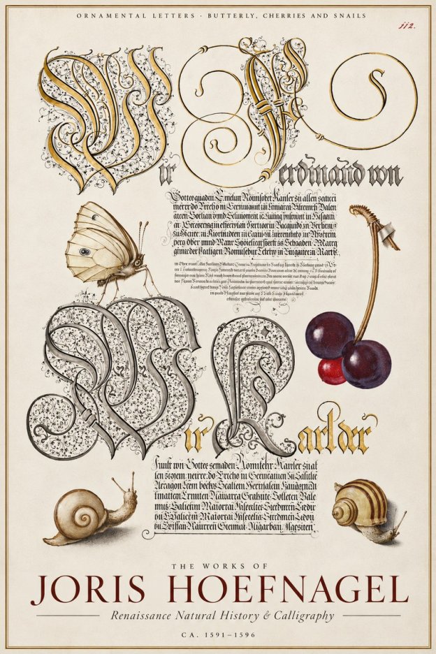 Joris Hoefnagel Ornamental Letters with Butterfly, Cherries and Snails No4 - Póster