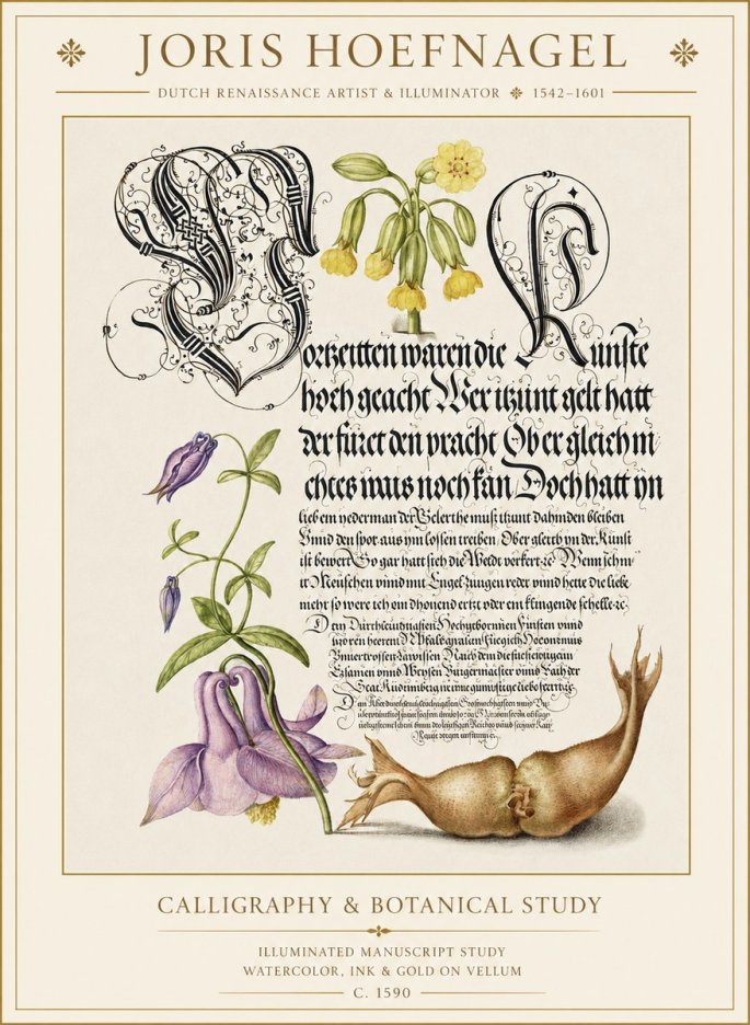 Joris Hoefnagel Calligraphy & Botanical Study No1 - Póster