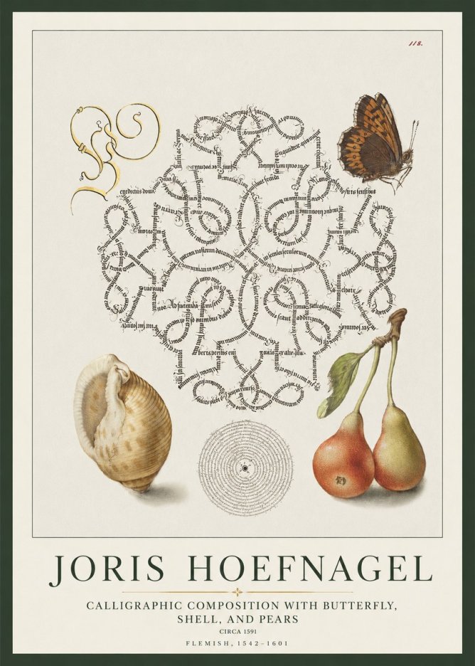Joris Hoefnagel Calligraphic Composition with Butterfly, Shell, and Pears No1 - Póster