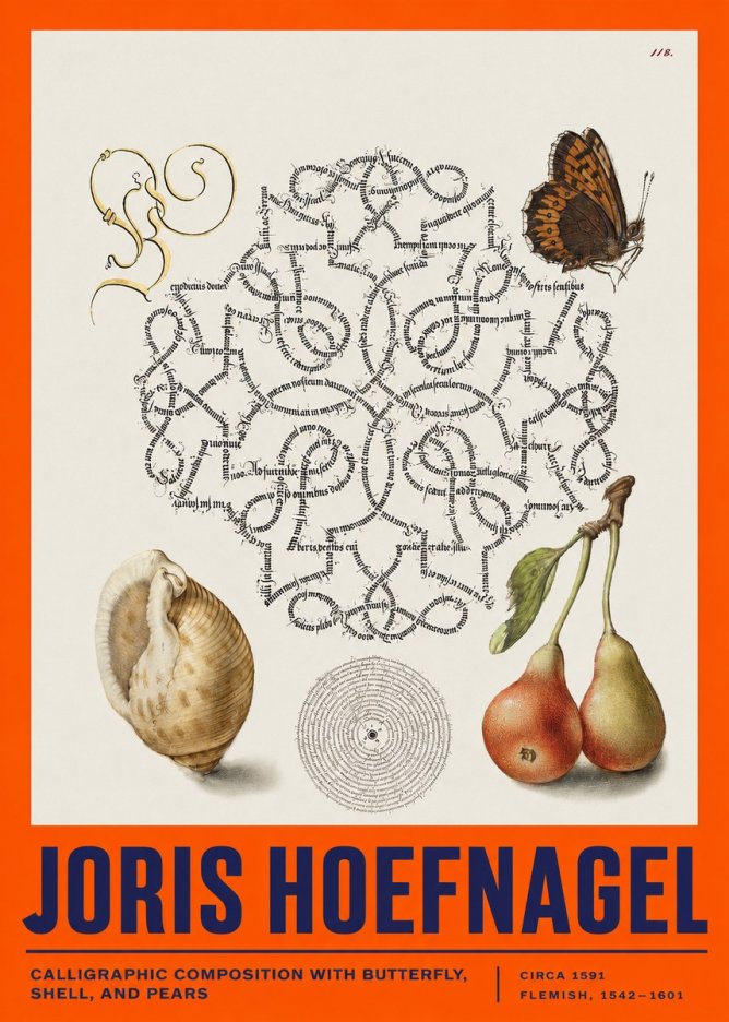 Joris Hoefnagel Calligraphic Composition with Butterfly, Shell, and Pears No2 - Póster