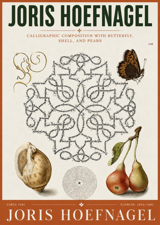 Joris Hoefnagel Calligraphic Composition with Butterfly, Shell, and Pears No5 - Póster